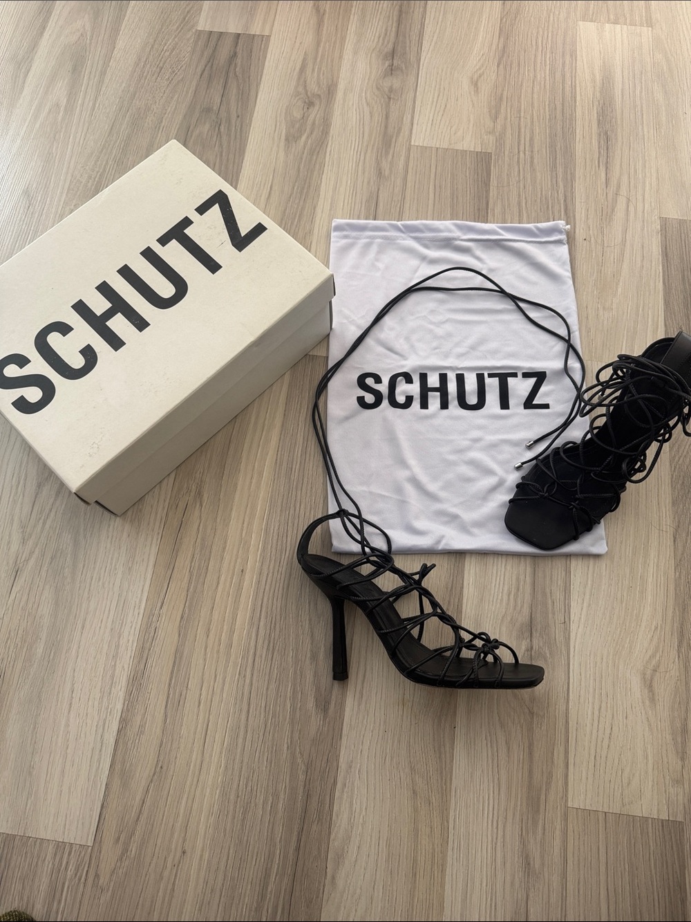 SCHUTZ Black Lace-Up Strappy High Heel Sandals